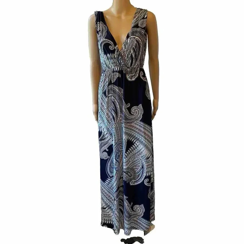 Renee C. Women's S Blue Paisley Double V Maxi Dress Beach Summer Comfy Stretchy